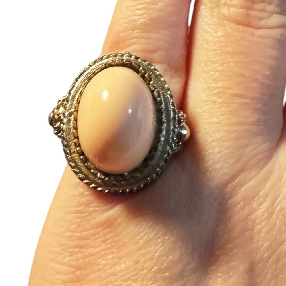Vintage Faux Peach Statement Ring Gold Filigree Adjustable Size 7.75 1960s